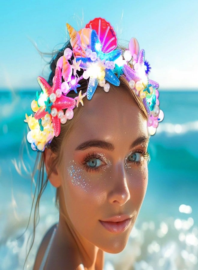 GENBREE Light Up Mermaid Crown LED Seashell Headband Starfish Hair Accessories for Women - Image 2